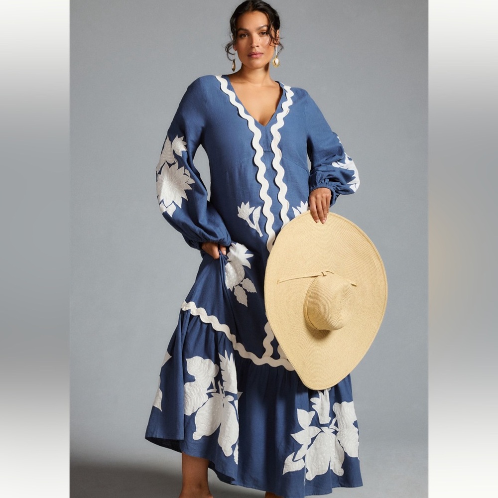 Anthropologie Farm Rio Embroidered Long-Sleeve Dress XXSP